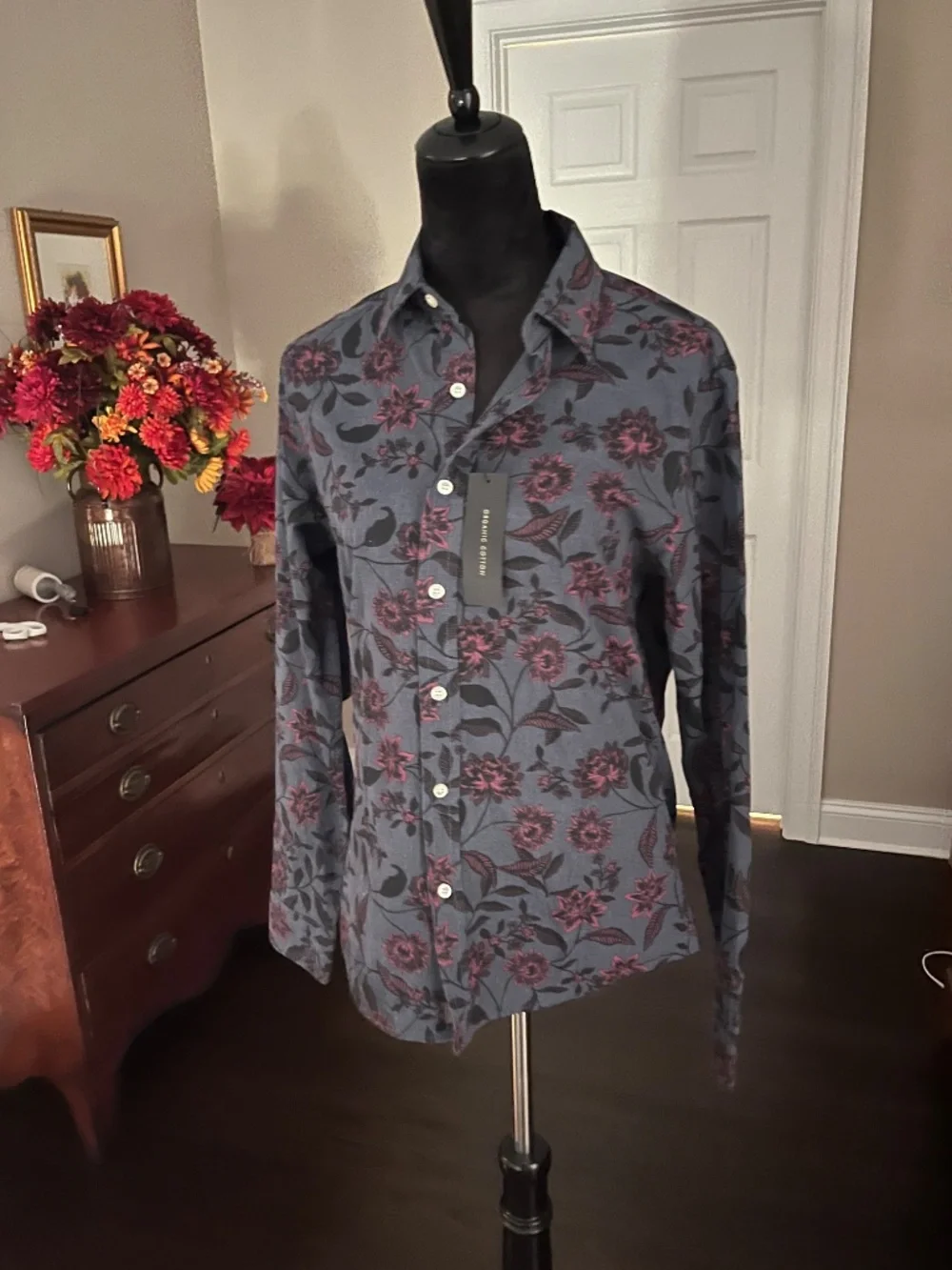 NWT Men’s Banana Republic Dark Blue Floral Print Organic Cotton Button Down S